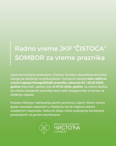 Info: Radno vreme JКP “Čistoća" za vreme praznika