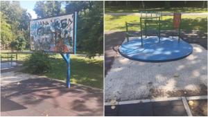 VANDALIZAM NA INKLUZIVNOM IGRALIŠTU U SOMBORU Podloga nestala, košarkaška tabla bez obruča, išarana, karusel nakrivljen